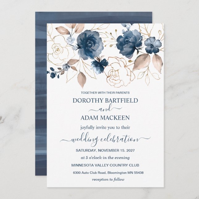 Invitation Mariage bleu marine et or floral (Devant / Derrière)
