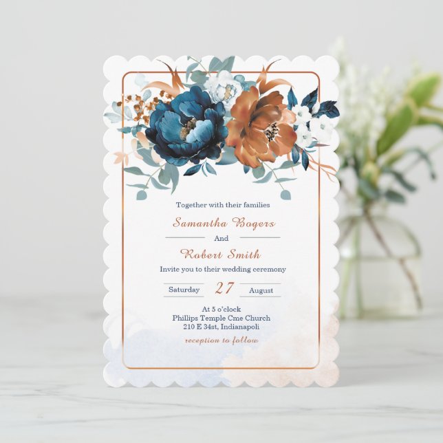 Invitation Mariage bleu marine et orange brûlé (Debout devant)