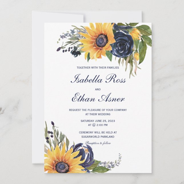 Invitation Mariage Bleu Marine et Tournesol (Devant)