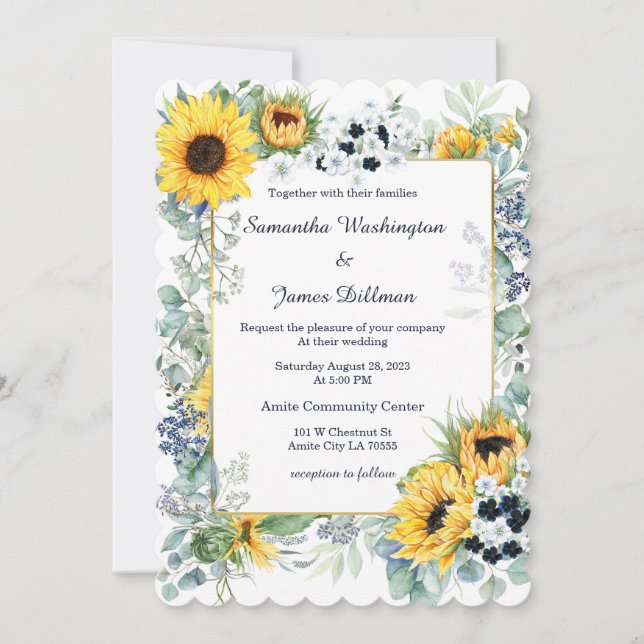 Invitation Mariage Bleu Marine et Tournesol  (Devant)