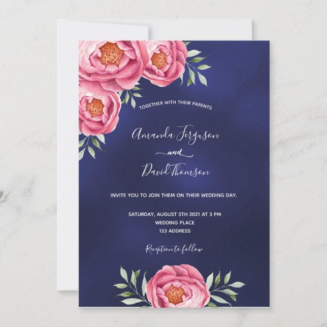Invitation Mariage bleu marine florale rose verdure (Devant)