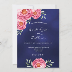 Invitation Mariage bleu marine florale rose verdure
