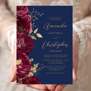 Invitation Mariage bleu marine or floral bordeaux script