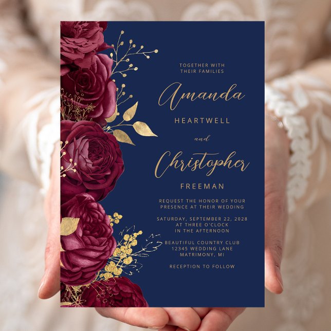 Invitation Mariage bleu marine or floral bordeaux script (Créateur téléchargé)