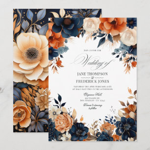 Invitation Mariage Bleu Marine, Orange Brûlé et Champagne