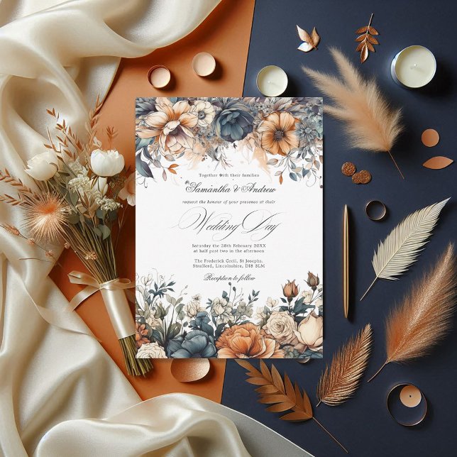 Invitation Mariage bleu marine, orange brûlé et champagne (Navy Blue, Burnt Orange and Champagne Wedding Invitation)
