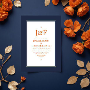 Invitation Mariage bleu marine, orange brûlé et champagne