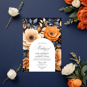 Invitation Mariage bleu marine, orange brûlé et champagne