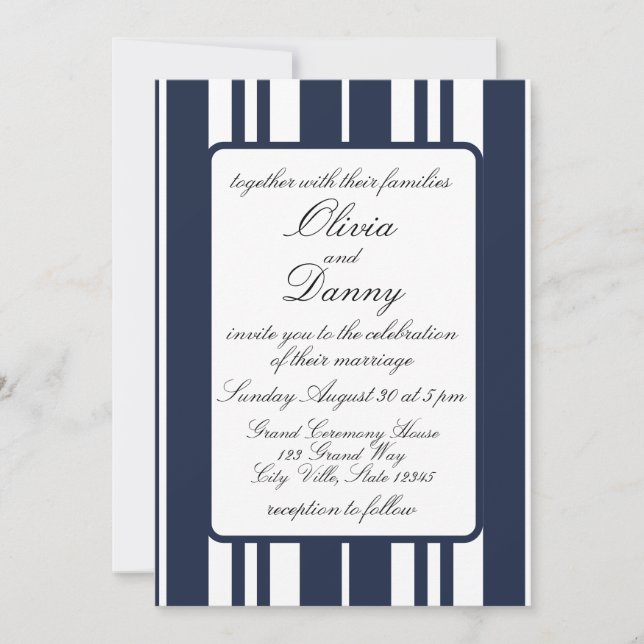 Invitation Mariage bleu marine rayures blanches style côtier (Devant)