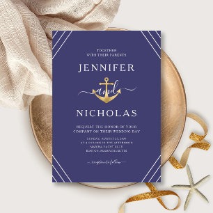 Invitation Mariage bleu marine rayures d'ancre or nautique