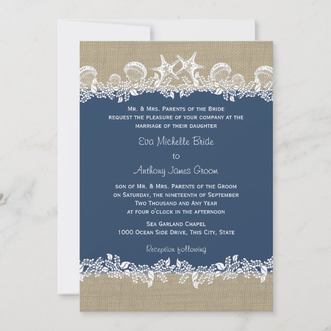 Invitation Mariage bleu marine Sea Garland (Devant)