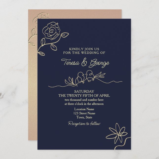 Invitation Mariage bleu marine simple (Devant / Derrière)