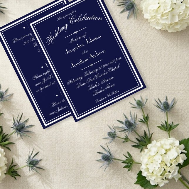 Invitation Mariage Bleu Marine Tout En Un Script Blanc WS RSV (Gorgeous, to set the tone.)