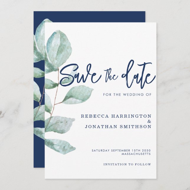 Invitation Mariage bleu minimal Eucalyptus Navy Économisez La (Devant / Derrière)