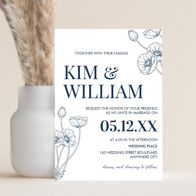 Invitation Mariage bleu minimaliste (Blue Minimalist Floral Wedding Invitation)