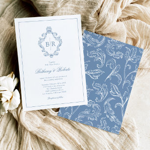 Invitation Mariage Bleu Monogramme Vintage Rococo