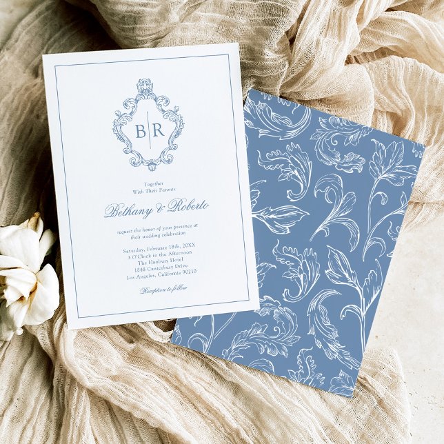 Invitation Mariage Bleu Monogramme Vintage Rococo (Créateur téléchargé)