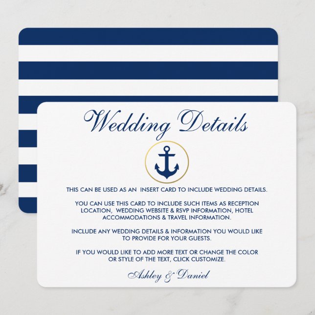 Invitation Mariage Bleu Nautique Détails Insérer (Devant / Derrière)