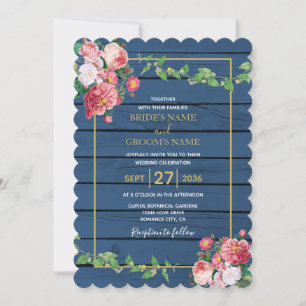 Invitation Mariage Bleu Nuit Bois Roses Roses et Or