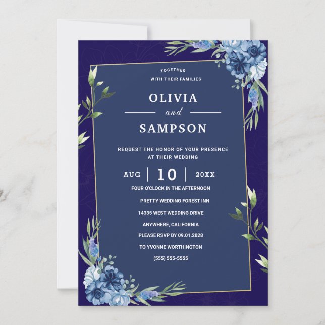 Invitation Mariage Bleu Nuit Bourgogne Or Rose (Devant)