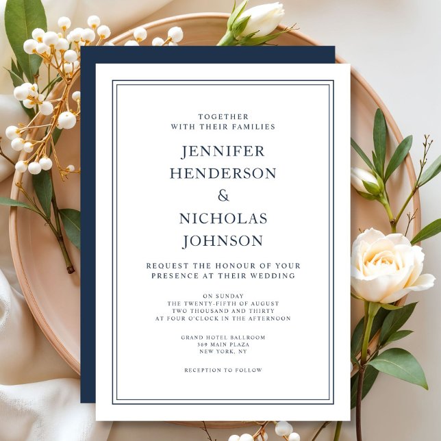 Invitation Mariage Bleu Nuit Élégant Classique (Elegant Classic Navy Blue Wedding Invitation)