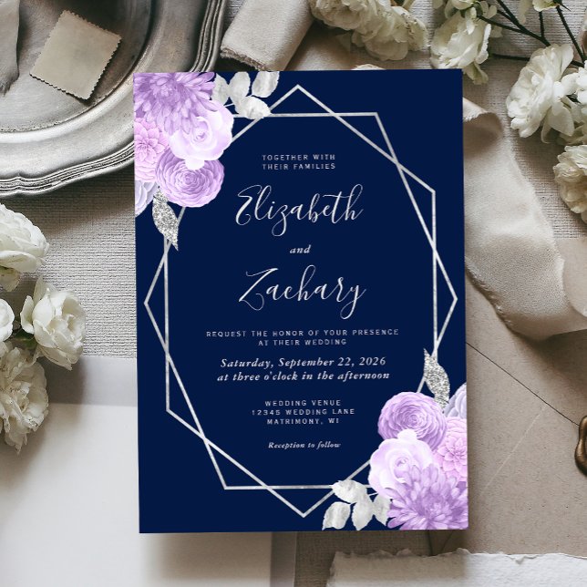 Invitation Mariage Bleu Nuit Floral Argent Lilac (Créateur téléchargé)