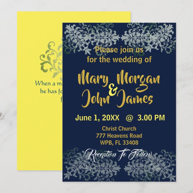 Invitation Mariage Bleu Nuit Or Argent Jaune (Devant / Derrière)