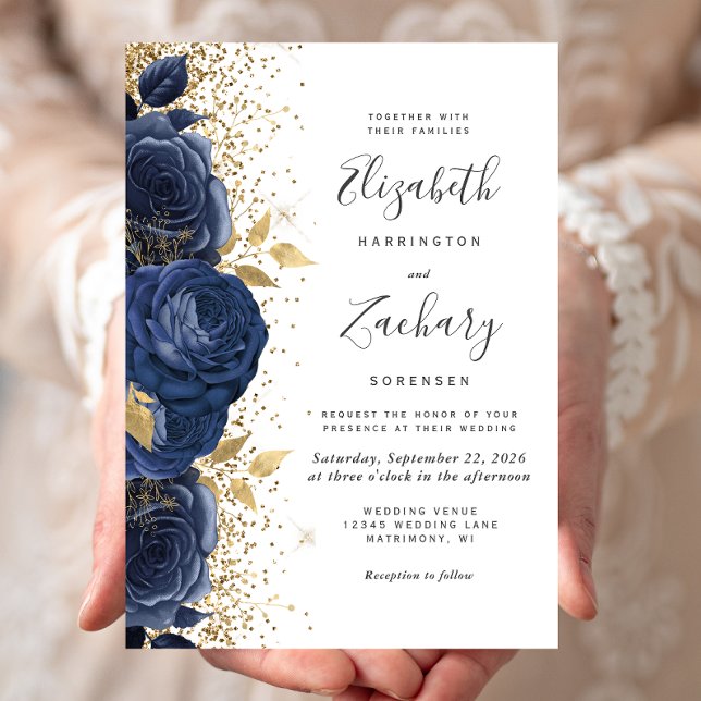 Invitation Mariage Bleu Nuit Or Blanc Floral (Créateur téléchargé)