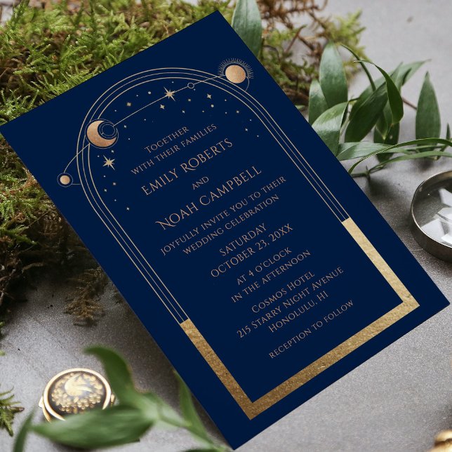 Invitation Mariage Bleu Nuit Or Soleil Lune Étoiles (Créateur téléchargé)
