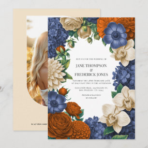 Invitation Mariage Bleu Nuit, Orange Brûlé & Champagne