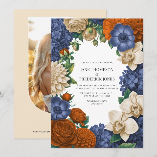 Invitation Mariage Bleu Nuit, Orange Brûlé & Champagne (Devant / Derrière)