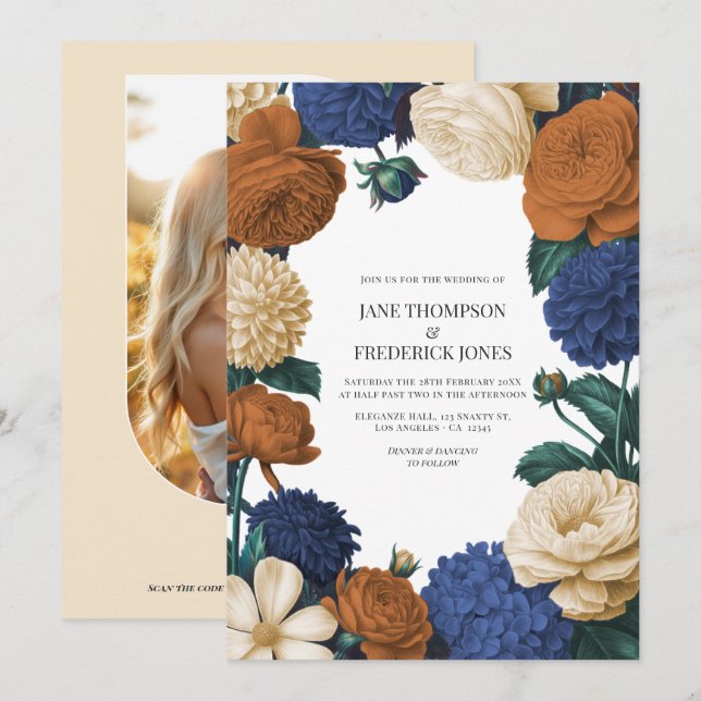 Invitation Mariage Bleu Nuit, Orange Brûlé & Champagne (Devant / Derrière)