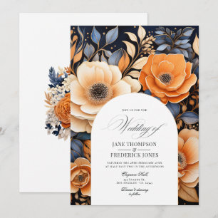 Invitation Mariage Bleu Nuit, Orange Brûlé et Champagne