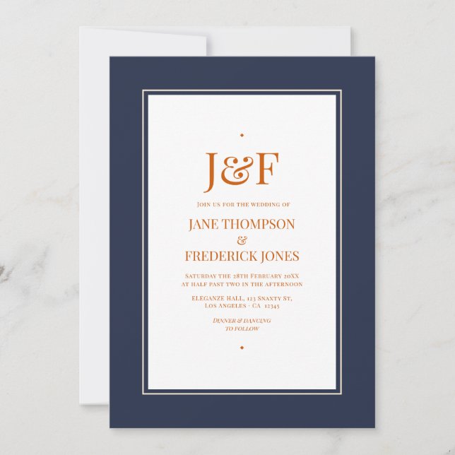 Invitation Mariage Bleu Nuit, Orange Brûlé et Champagne (Devant)