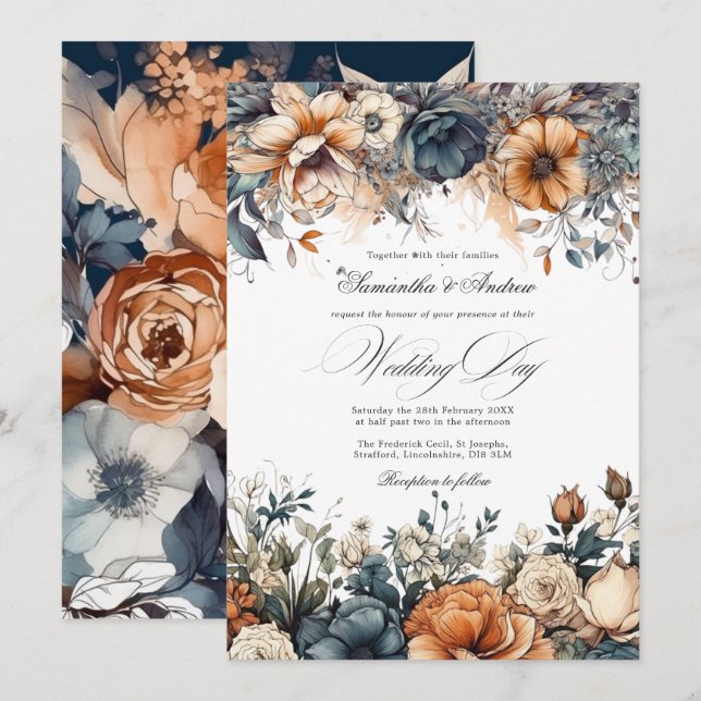 Invitation Mariage Bleu Nuit, Orange Brûlé et Champagne (Devant / Derrière)