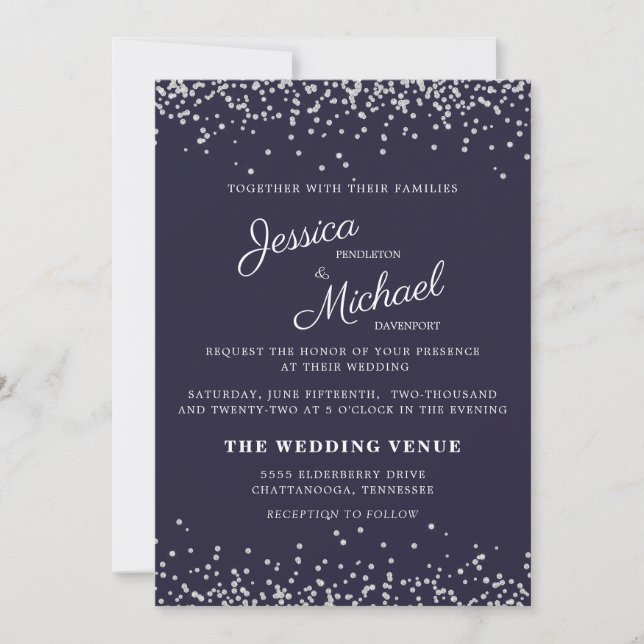 Invitation Mariage Bleu Nuit Paillettes Argentées Écriture Él (Devant)