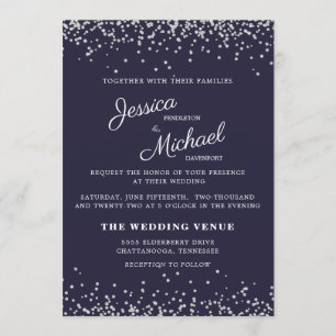 Invitation Mariage Bleu Nuit Paillettes Argentées Écriture Él