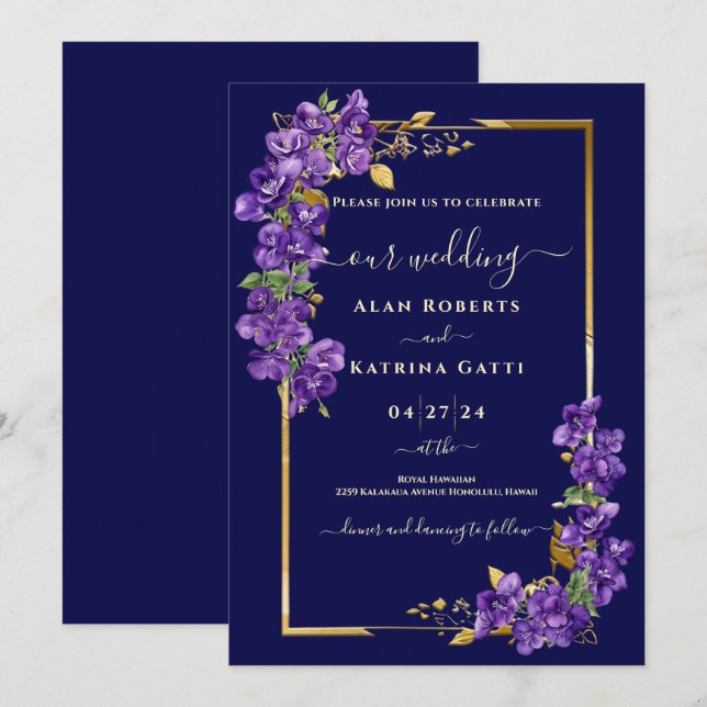 Invitation Mariage Bleu Nuit Violettes Violettes Cadre Doré (Devant / Derrière)