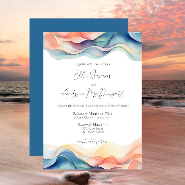 Invitation Mariage bleu onduleur Abstrait moderne (Modern Abstract Color Wave Blue Wedding Invitation)