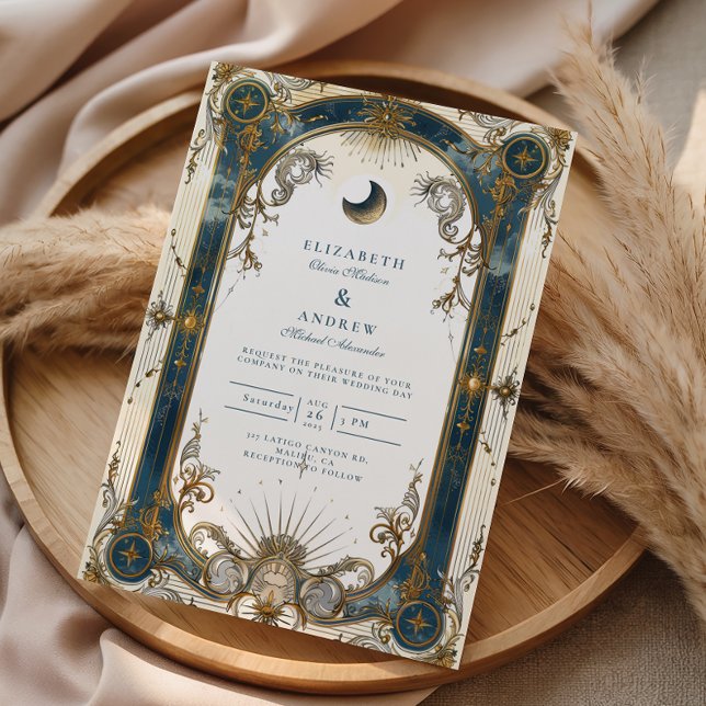 Invitation Mariage Bleu Or Art Nouveau Céleste (Créateur téléchargé)