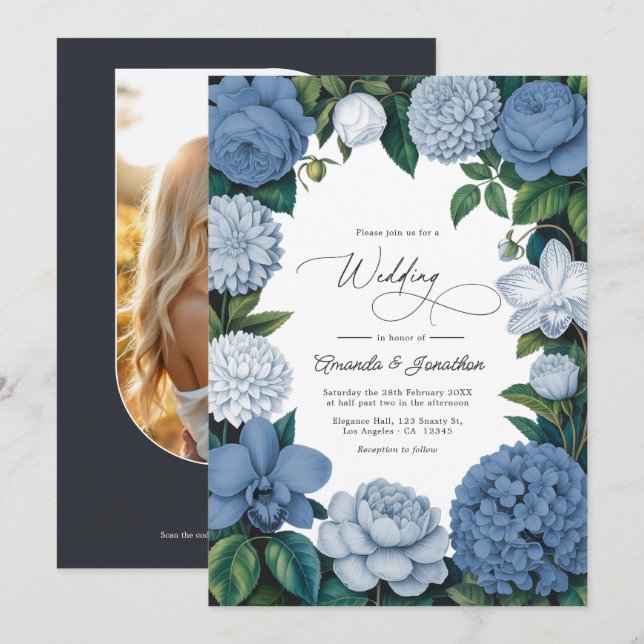 Invitation Mariage Bleu Orageux, Brume d'Acier & Perle d'Hive (Devant / Derrière)
