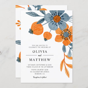 Invitation Mariage bleu orange fleuri Boho gras
