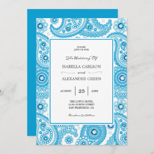 Invitation Mariage bleu Paisley avec diamants