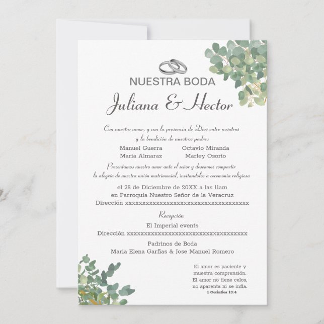 Invitation Mariage Bleu Pastel et Feuillage  (Devant)