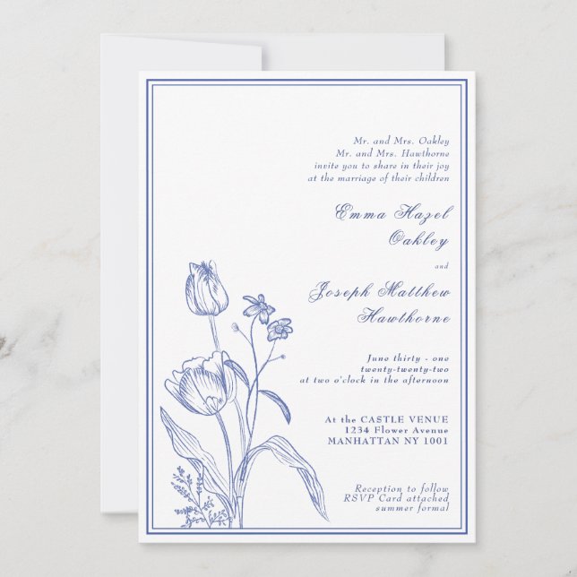 Invitation Mariage bleu pastel vintage Régence botanique (Devant)