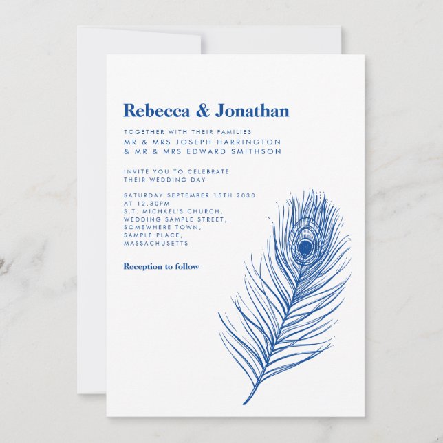 Invitation Mariage bleu Peacock minimaliste moderne (Devant)
