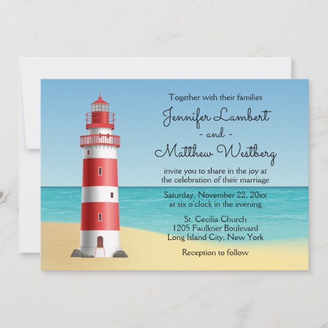 Invitation Mariage bleu phare de la plage (Devant)