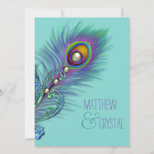 Invitation Mariage bleu pourpre et turquoise de paon