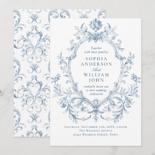 Invitation Mariage Bleu Poussiéreux à Fleurs de Style Victori