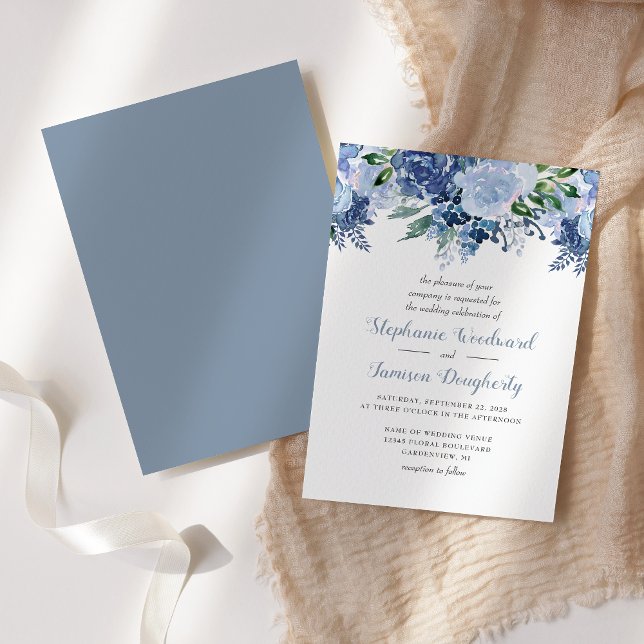 Invitation Mariage Bleu Poussiéreux à l'Aquarelle Florale (Créateur téléchargé)